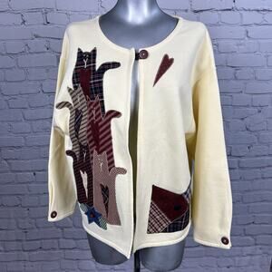 Upcycled Patchwork Cat Cardigan Sweatshirt Womens Large Cottagecore Grandma Boho